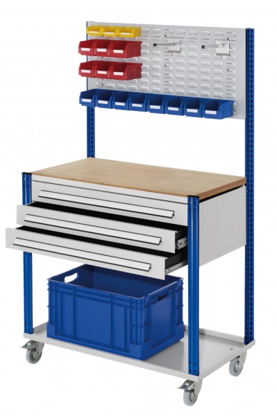 Mobile Arbeitsstation RAL 7035/5010 1730 x 1000 x 500 mm 3 Schubladen Schlitzplatte.