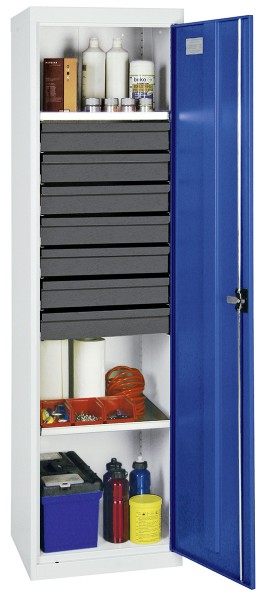 Werkzeug- und Materialschrank Serie 3000, 7035/5010, 7 Schublade 100 mm, 2 Wannenböden