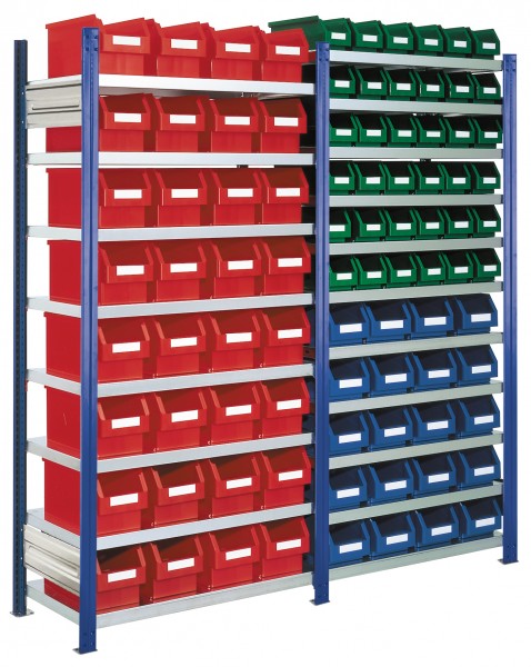 ®RasterPlan Steckregal mit Lagersichtkästen Mod 16 2000 x 2000 x 400 mm GF und AF RAL 5010. Inklusiv 32 x Größe 3 20 x Größe 4 36 x Größe 5.