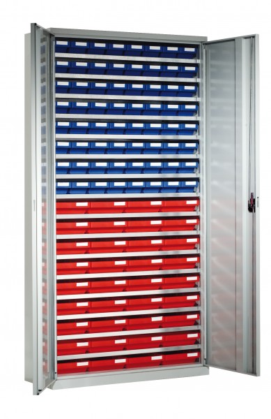 Systemschrank mit Regalkästen Modell 2 1950 x 1000 x 410 mm RAL 7035. 64 Kästen 300 x 120 x 65 36 Kästen 300 x 240 x 65 mm.