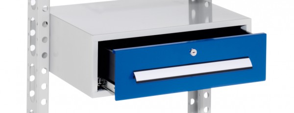 Schublade H 200 mm schmal RAL 7035/5010. Inklusiv Schienen für ErgoPlus Steharbeitsplatz.