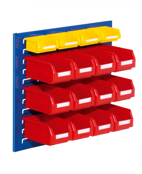 ®RasterPlan Schlitzplatten Einsteigerset 10 RAL 5010. 1 x Schlitzplatte H 450 x B 500 mm 12 x Lagersichtkästen Größe 7 4 x Lagersichtkästen Größe 8.