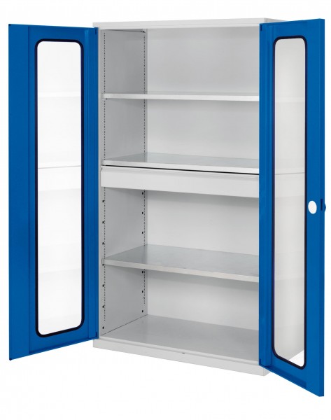 ®RasterPlan Großvolumenschrank 1950 x 1130 x 590 mm RAL 7035/5010. Sichtfenstertüren 1 Schublade 3 Böden.
