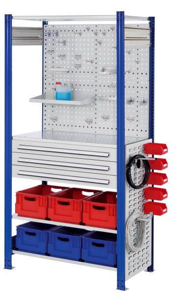 ®RasterPlan Steckregal Grundfeld RAL 5010 Modell 8 2000 x 1000 x 500 mm. Grundfeld mit 4 x Fachboden 500 mm 2 x Rückwand Lochplatten B 1000 mm 1 x Seitenwand Schlitzplatte H 1000 mm 1 x Schubladenblock dreifach1 x Werkzeughaltersort. 28-teilig 1 x Uni