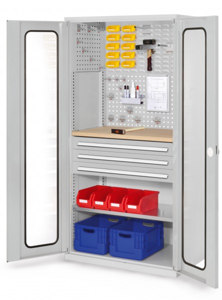 ®RasterPlan Schubladenschrank Modell 35 RAL 7035. Sichtfenstertür. 1950 x 1000 x 600 mm 3 Schubladen H 100 mm 1 Fachboden verzinkt 1 Werkbankplatte Multiplex.