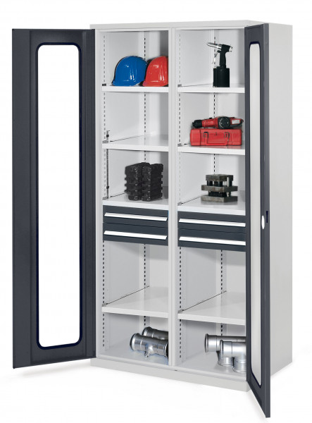 Schwerlastschrank mit Mitteltrennwand 1950 x 1000 x 600 mm Mod 56 RAL 7035/7016. Sichtfenstertür 2 Schubladen H 100 mm 4 Fachböden links verzinkt 4 Fachböden rechts verzinkt.
