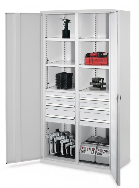 Schwerlastschrank mit Mitteltrennwand 1950 x 1000 x 600 mm Mod 55 RAL 7035. Vollblechtüren 2 Schubladen H 100 mm 2 Schubladen H 125 mm 2 Schubladen H 175 mm 3 Fachböden links verzinkt 3 Fachböden rechts verzinkt.