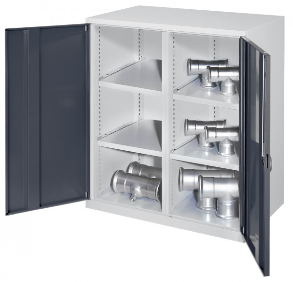 Schwerlast-Beistellschrank Modell 75 1110 x 1000 x 600 mm RAL 7035/7016. Mit Mitteltrennwand Vollblechtüren 2 Fachböden links 2 Fachböden rechts