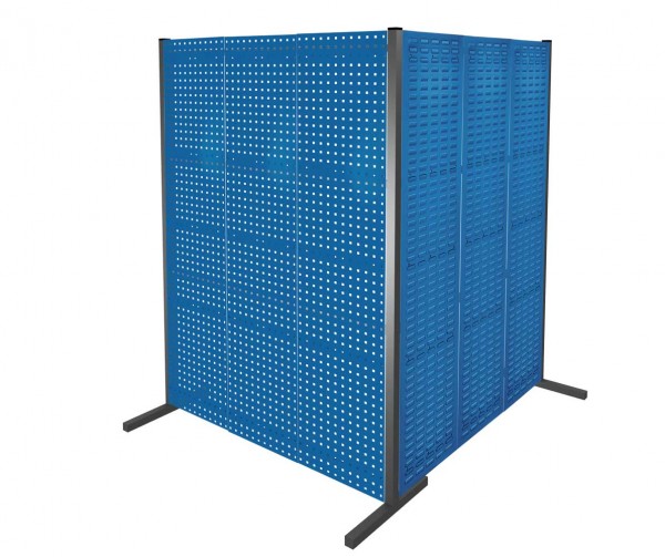 ®RasterPlan Trennwand Doppelfeld 90° 1500 / 1500 mm H2000 mm RAL 5010. Mit 4 ®RasterPlan Lochplatten 2 ®RasterPlan Schlitzplatten.
