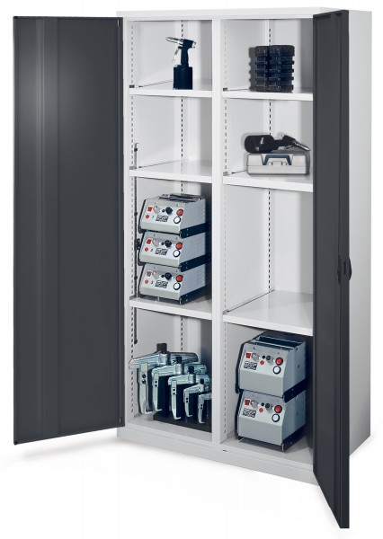 Schwerlastschrank mit Mitteltrennwand 1950 x 1000 x 600 mm Mod 51 RAL 7035/7016. Vollblechtür 3 Fachböden links verzinkt 3 Fachböden rechts verzinkt.
