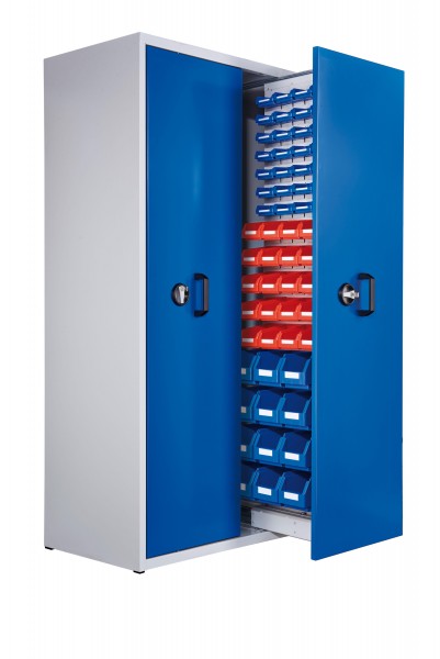 ®RasterPlan Zugwagenschrank Mod 7 2000 x 1100 x 600 mm 7035/5010. 2 Auszüge 1 Auszug einseitig bestückt mit Lagersichtkasten 12 x Größe 6 20 x Gr 7 28 x Größe 8.