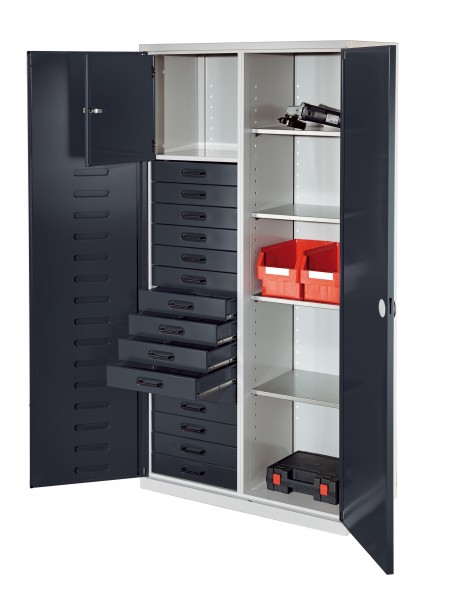 RasterPlan Arbeitsplatzhochschrank, H 1950 x B 1000 x T500 mm, RAL7035/7016. Inklusiv 15 Schubladen, 1 Privatfach, 4 Fachböden verzinkt