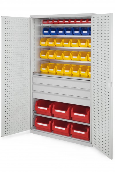 Großraumschrank Modell 34RAL 7035 1950 x 1130 x 590 mm. Türinnenseite: ®RasterPlan Lochplatten 3 Schubladen mittig inklusiv Lagersichtkasten 6 x Größe 2 21 x Größe 5 7 x Größe 6 10 x Größe 7.