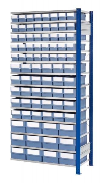®RasterPlan Steckregal mit Volumenkästen Modell 33 2000 x 1000 x 600 mm AF. Inklusiv 40 Stück 600 x 113 x 85 30 Stück 600 x 153 x 105 mm 12 Stück 600 x 235 x 145 mm taubenblau.