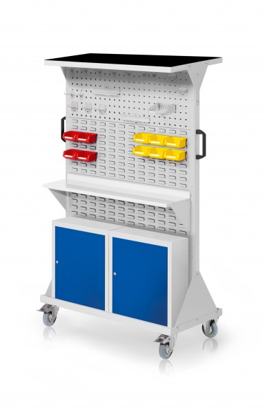 RasterMobil Gr. 4 RAL 7035 H1620 x B1000 x T500 mm. 1 x Auflageboden aus Stahlblech inkl. Riffelgummimatte 1 x Werkzeughaltersort. 18-teilig 1 x Stahlboden 950 mm 2 x Einhängeschränke 10 x Lagersichtkästen Größe 8.