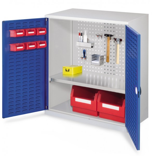 RasterPlan Werkzeugschrank Mod. 2 500, H1000 x B1000 x T500 RAL 7035/5010. Türinnenseite: RasterPlan Schlitzplatte, 1 Fachboden.