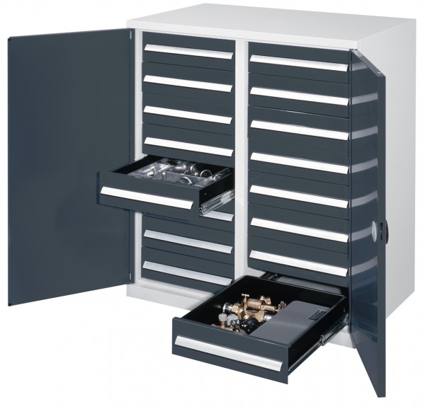Schwerlast-Beistellschrank Modell 72 1110 x 1000 x 600 mm RAL 7035/7016. Mit Mitteltrennwand Doppelwandtür 16 Schubladen H 125 mm.