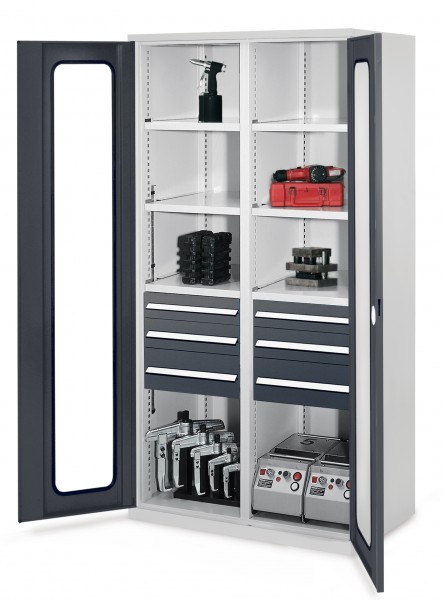 Schwerlastschrank mit Mitteltrennwand 1950 x 1000 x 600 mm Mod 55 RAL 7035/7016. Sichtfenstertüren 2 Schubladen H 100 mm 2 Schubladen H 125 mm 2 Schubladen H 175 mm 3 Fachböden links verzinkt 3 Fachböden rechts verzinkt.