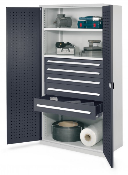 Schwerlastschrank ohne Mitteltrennwand 1950 x 1000 x 600 mm Mod 44 RAL 7035/7016. Türinnenseite: ®RasterPlan Lochplatte 2 Fachböden 1 Schublade H 100 mm 2 Schubladen H 125 mm 2 Schubladen H 175 mm.