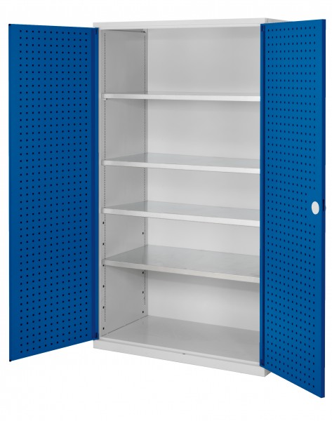 ®RasterPlan Großvolumenschrank 1950 x 1130 x 590 mm RAL 7035/5010. Türinnenseite: ®RasterPlan Lochplatten 4 Böden.