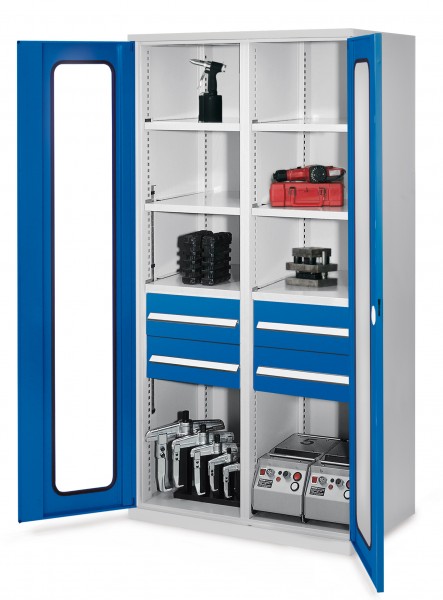 Schwerlastschrank mit Mitteltrennwand 1950 x 1000 x 600 mm Mod 52 RAL7035/5010. Sichtfenstertür 4 Schubladen H 175 mm 3 Fachboden links verzinkt 3 Fachboden rechts verzinkt.