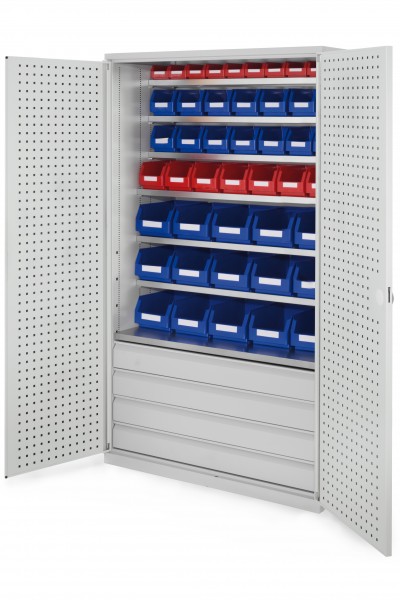 Großraumschrank Modell 25 RAL 7035 1950 x 1130 x 590 mm. Türinnenseite: ®RasterPlan Lochplatten 4 Schubladen unten inklusiv Lagersichtkasten 15 x Größe 4 7 x Größe 5 14 x Größe 6 10 x Größe 7.