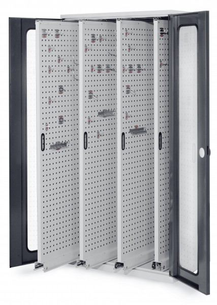®RasterPlan Vertikalschrank Modell 83 1950 x 1000 x 600 mm RAL 7035/7016. Sichtfenstertür 4 Auszüge Lochplatten.