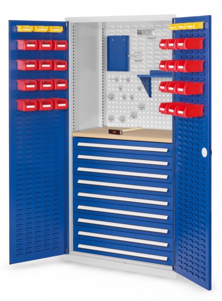 ®RasterPlan Schubladenschrank Modell 27 RAL 703575010. Türinnenseite: Schlitzplatten 1950 x 1000 x 600 mm 9 Schubladen H 100 mm 1 Werkbankplatte Multiplex.