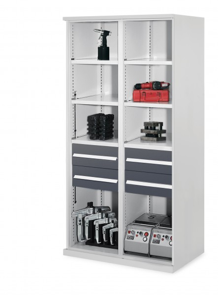 Schwerlastregal Mod. 52 MMT 1950 x 1000 x 600 mm RAL 7035/ 7016. 4 Schubladen H 175 mm RAL 7016 3 Fachböden links verzinkt 3 Fachböden rechts verzinkt.