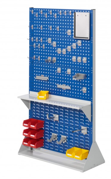 ®RasterPlan Stellwand Gr.5 doppelseitig H1790 x B1000 x T430 mm RAL 7035/5010. 1 x Werkzeughaltersortiment 40-teilig 1 x Formularhalter 1 x Stahlboden 950 mm 2x Dornträger 1 x Rohrträger 1 x Universalhalter 9 x Lagersichtkästen Größe 7