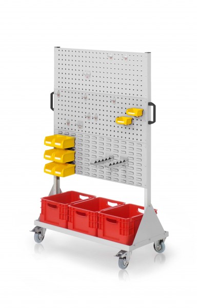 RasterMobil Gr. 4 RAL 7035 H1580 x B1000 x T500 mm. 1 x Werkzeughaltersortiment 10-teilig 2 x Lagersichtkastenhalter 2 x Wellenträger 6 x Lagersichtkästen Größe 7 2 x Lagersichtkästen Größe 8 3 x Transportbehälter 400 x 300 x H 220 mm.
