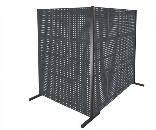 ®RasterPlan Trennwand Doppelfeld 90° L1500 / 2000 mm H2000 mm RAL 7016. Mit 7 ®RasterPlan Lochplatten.