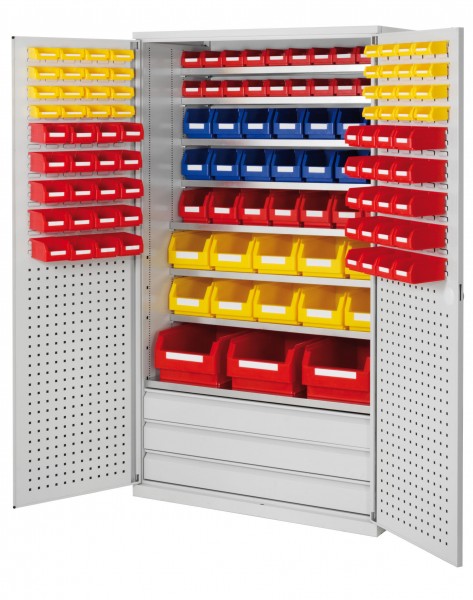 Großraumschrank Modell 21 RAL 7035 1950 x 1130 x 590 mm. Türinnenseite: ®RasterPlan Schlitz-/Lochplatten 3 Schubladen unten inklusiv Lagersichtkasten 3 x Größe 2 10 x Größe 4 7 x Größe 5 14 x Größe 6 60 x Größe 7 32 x Größe 8.