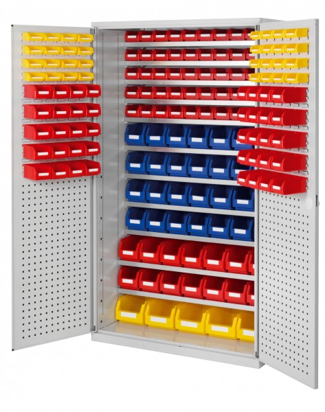 Großraumschrank Modell 12 RAL 7035 1950 x 1130 x 590 mm. Türinnenseite: ®RasterPlan Loch-/Schlitzplatten- inklusiv Lagersichtkasten 5 x Größe 4 14 x Größe 5 28 x Größe 6 90 x Größe 7 32 x Größe 8.