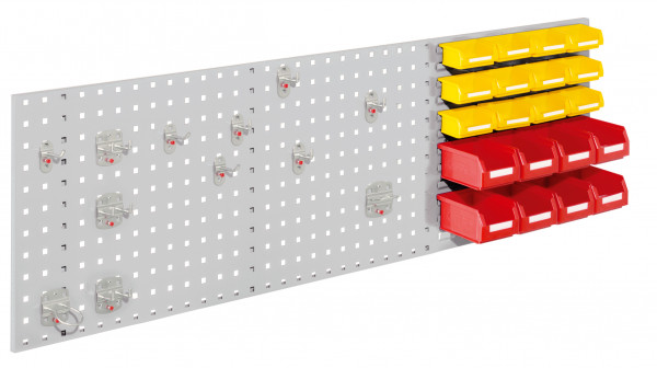®RasterPlan Kombiplatte Set 3 RAL 7035. 1 x Kombiplatte H 450 x B 1500 mm 8 x Lagersichtkästen Größe 7 12 x Lagersichtkästen Größe 8 1 x Werkzeughaltersortiment 12-teilig.