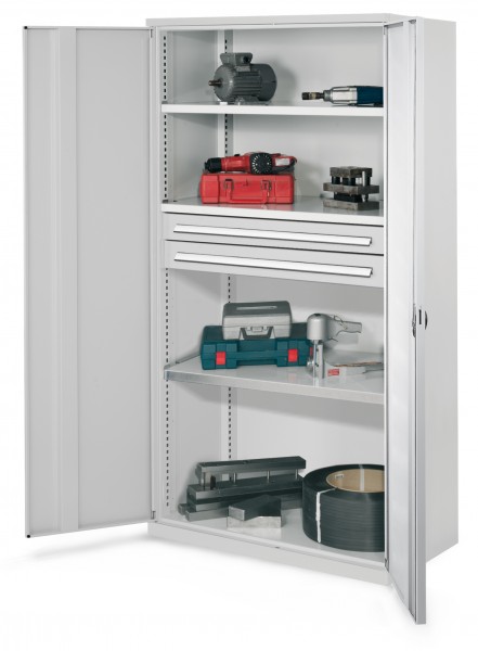 Schwerlastschrank ohne Mitteltrennwand 1950 x 1000 x 600 mm Mod 46 RAL 7035. Vollblechtüren 3 Fachböden verzinkt 1 Schublade H 100 mm 1 Schublade H 125 mm 1 Schublade H 175 mm .