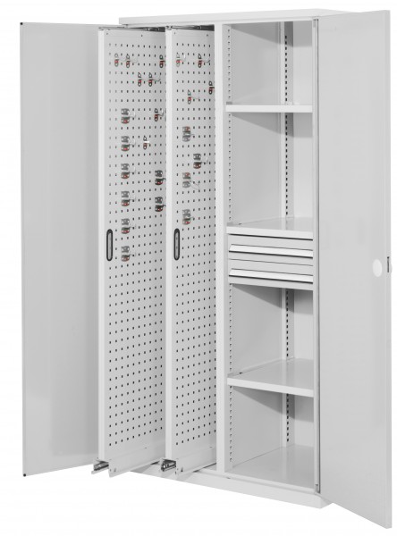 ®RasterPlan Vertikalschrank Modell 81 1950 x 1000 x 600 mm RAL 7035. Doppelwandtür 2 Auszüge Lochplatten 3 Böden 2 Schubladen 100 mm.