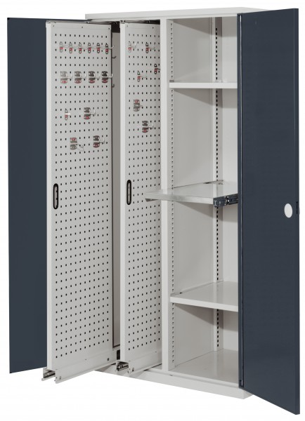 ®RasterPlan Vertikalschrank Modell 84 1950 x 1000 x 600 mm RAL 7035/7016. Doppelwandtür. 2 Auszüge Lochplatten 2 Böden 1 Auszugsboden.