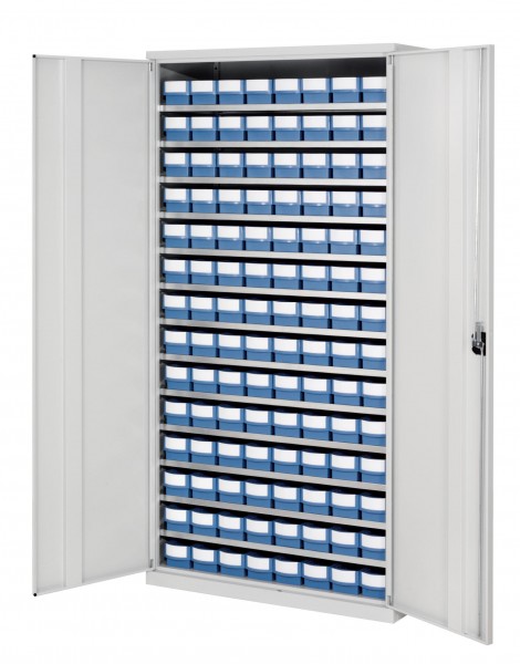 Systemschrank mit Volumenregalkasten H 1950 x B 1000 x T 500 mm RAL 7035. Modell 1 112 X Modell 4085 taubenblau.