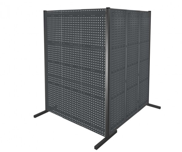 ®RasterPlan Trennwand Doppelfeld 90° 1500 / 1500 mm H2000 mm RAL 7016. Mit 4 ®RasterPlan Lochplatten 2 ®RasterPlan Schlitzplatten.