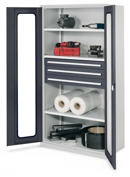 Schwerlastschrank ohne Mitteltrennwand 1950 x 1000 x 600 mm Mod 43 RAL 7035/7016. Sichtfenstertüren 3 Fachböden 1 Schublade H 100 mm mm 2 Schubladen H 125 mm mm.