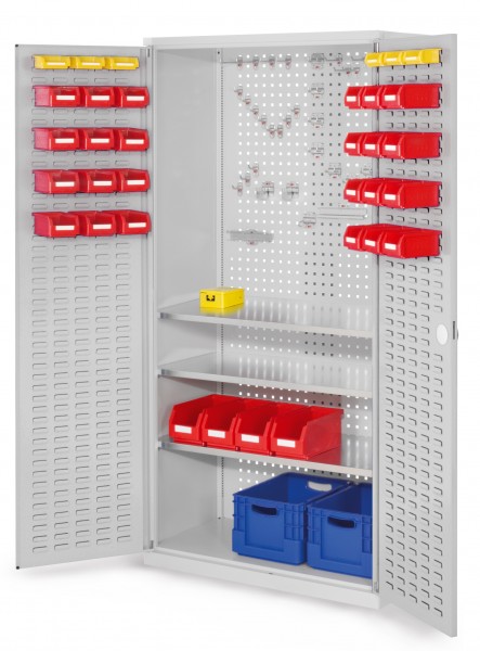 ®RasterPlan Werkzeugschrank Mod 6 500 H1950 x B1000 x T500 mm RAL 7035. Türinnenseite: ®RasterPlan Schlitzplatte 3 Fachböden.