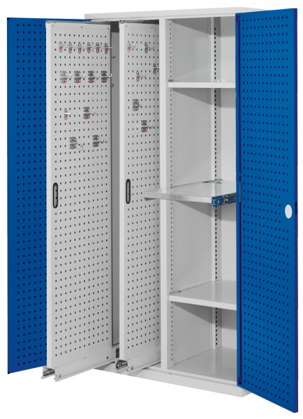 ®RasterPlan Vertikalschrank Modell 84 1950 x 1000 x 600 mm RAL 7035/5010. Türinnenseite: ®RasterPlan Lochplatten 2 Auszüge Lochplatten 2 Böden 1 Auszugsboden.