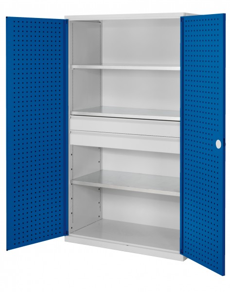 ®RasterPlan Großvolumenschrank 1950 x 1130 x 590 mm RAL 7035/5010. Türinnenseite: ®RasterPlan Lochplatte 2 Schublade 3 Böden.