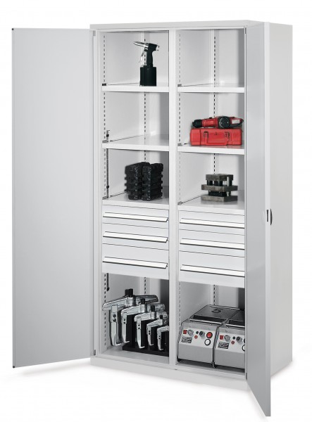 Schwerlastschrank mit Mitteltrennwand 1950 x 1000 x 600 mm Mod 55 RAL 7035. Doppelwandtüren 2 Schubladen H 100 mm 2 Schubladen H 125 mm 2 Schubladen H 175 mm 3 Fachböden links verzinkt 3 Fachböden rechts verzinkt.