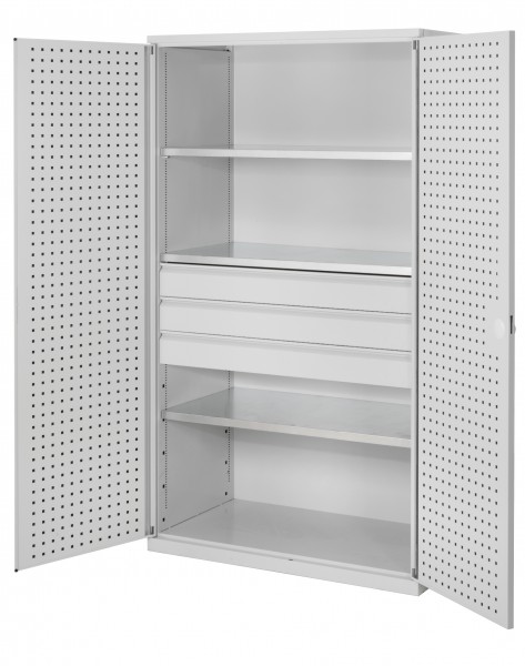 ®RasterPlan Großvolumenschrank 1950 x 1130 x 590 mm RAL 7035. Türinnenseite: ®RasterPlan Lochplatten 3 Böden 3 Schubladen.