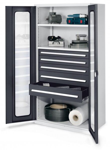 Schwerlastschrank ohne Mitteltrennwand 1950 x 1000 x 600 mm Mod 44 RAL 7035/7016. Sichtfenstertüren 2 Fachböden verzinkt. 1 Schublade H 100 mm 2 Schubladen H 125 mm 2 Schubladen H 175 mm.