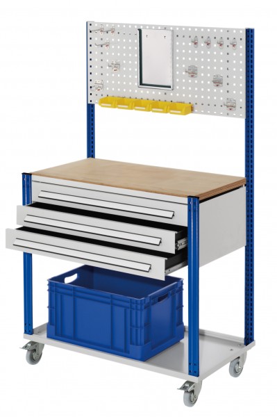 Mobile Arbeitsstation RAL 7035/5010 1730 x 1000 x 500 mm 3 Schubladen Lochplatte.