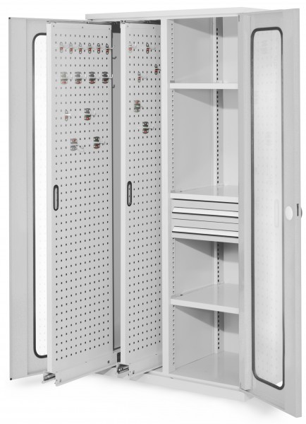 ®RasterPlan Vertikalschrank Modell 81 1950 x 1000 x 600 mm RAL 7035. Sichtfenstertür 2 Auszüge Lochplatten 3 Fachböden 2 Schubladen 100 mm.