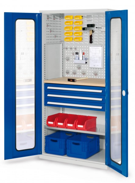 ®RasterPlan Schubladenschrank Modell 35 RAL 7035/5010. Sichtfenstertür. 1950 x 1000 x 600 mm 3 Schubladen H 100 mm 1 Fachboden verzinkt 1 Werkbankplatte Multiplex.